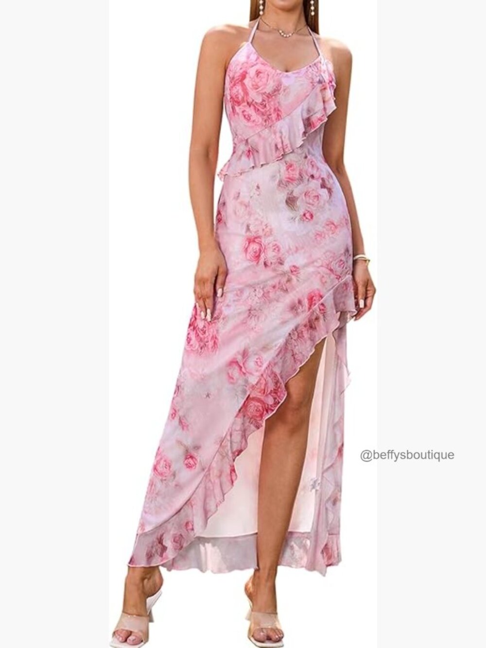 Summer Floral V-Neck Slit Maxi Dress Halter Tie Ruffle Boho Beach Party